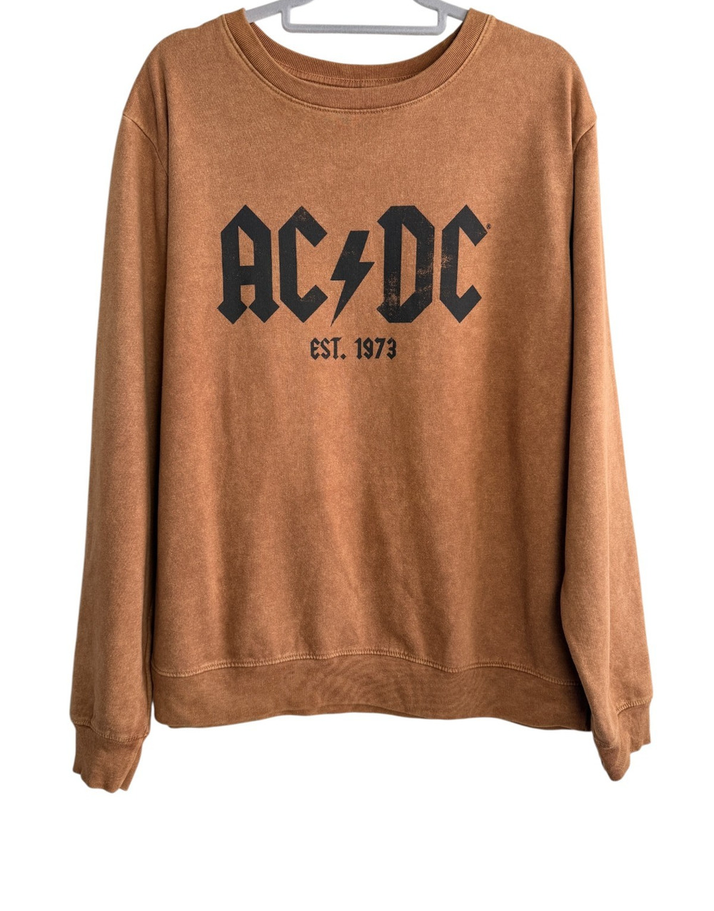 AC/DC Est 1973 Crewneck Sweatshirt Womens L Caramel Mineral Wash Rock Band Merch